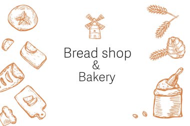 Ekmek dükkanı afişi eski moda. Fırın için kabartmalı elementler. Lezzetli pişmiş yemek taslağı. Ekmek çizimi afişi.