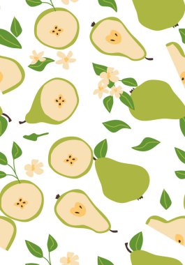 Soyut dikey armut posteri, vektör düz çizim. Tropikal meyveli sonbahar parlak deseni, hasat örtüsü tasarımı. Etiketler, market reklamları, posterler, baskılar için kapaklar için kullanılabilir.