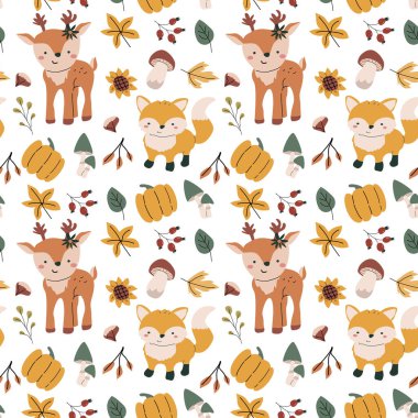 Sonbahar sonbaharı Şükran Günü 'nde yapraklar pürüzsüz olur, balkabağım. Dekorasyon tasarımı. Yapraklar, meşe palamutları, fındıklar. Hayvanlı şirin çocuklar.