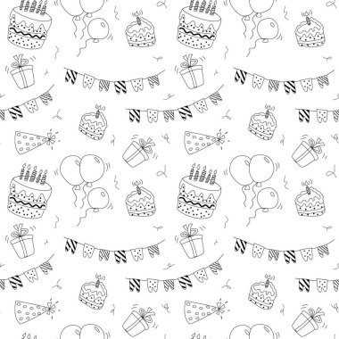 Doodle doğum günü kutlaması tasarımı. Kusursuz desenli hediyeler, mumlu pastalar, tatil şapkaları. Paket kağıtları, tebrik kartları, duvar kağıtları için..