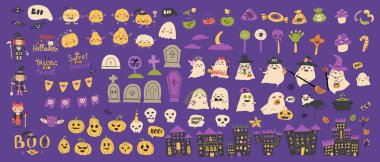 Çocuklar için Cadılar Bayramı partisi ayarlandı. Şirin hayaletler, balkabakları, mezarlar, sonbahar yaprakları, zehirler, şato koleksiyonu. Cadılar Bayramı karakterli çocuklar için ürkütücü parti dekorasyonu..