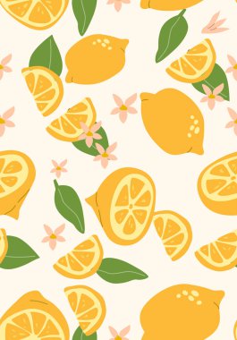 Soyut dikey limon posteri, vektör düz çizim. Yaz ya da sonbahar parlak desenli, tropikal turunç meyveli, hasat örtüsü tasarımlı. Etiketler, market reklamları, posterler, baskılar için kapaklar için kullanılabilir.