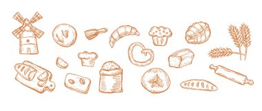 Ekmek koleksiyonu eski usul. Buğday, çörek, kruvasan, un, değirmen ve diğer ikonlar. Kırsal kesim, pastane.