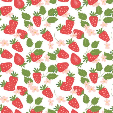 Bitki parçaları ve dilimlenmiş yiyeceklerle el yapımı soyut yaz çileği deseni. Tekstil ürünleri, ambalaj kağıtları, posterler için kusursuz desen. Moda dokuları.