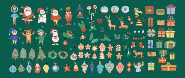 Şirin xmas şenlik unsurları ve karakterleri. Geleneksel Geleneksel Yeni Yıl çıkartmaları koleksiyonu. Noel dekoru düz vektör çizimi. Noel Baba, Kardan Adam, Penguen, Elf, Cüce.
