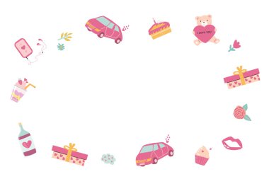 Sevgililer Günü için renkli çerçeve ve aşk öğeleri. 