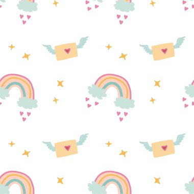 Zarflar, gökkuşakları ve yıldızlarla garip pastel desenler..