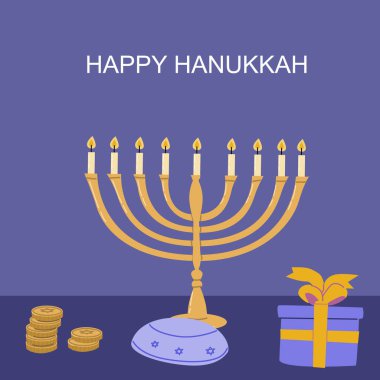 Happy hanukkah celebration with menorah, gifts, and dreidel coins. clipart