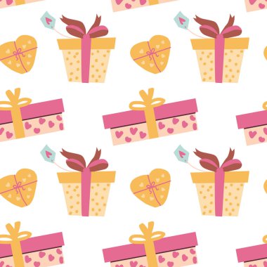 Beyaz arkaplanda renkli hediye kutuları ve kalp desenleri.