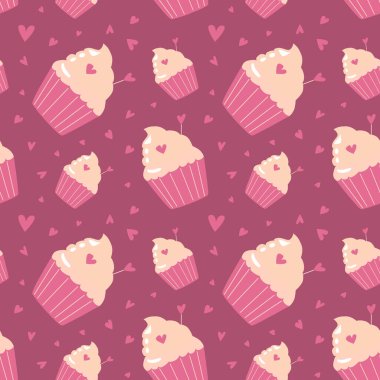 Sevgililer günü tasarımı için pembe arka planda kalpleri olan kusursuz kek deseni..