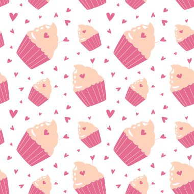 Tatlı kek ve kalp desenli pembe kremalı ve beyaz arka planda serpiştirilmiş..