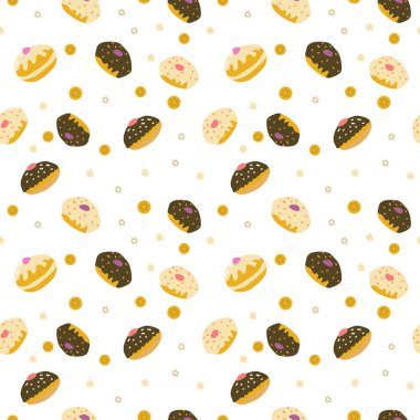 Çikolata, vanilya ve beyaz arka planda serpiştirilmiş kusursuz çörek deseni..