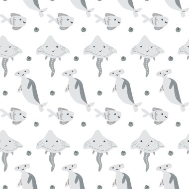 Oyuncu okyanus canlıları: balinalar, balıklar, ve dikişsiz bir desen üzerinde ışınlar.