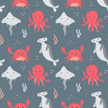 Ahtapot, yengeç ve vatoz desenli şirin deniz yaratıkları..