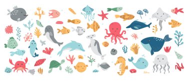 Balinalar, yunuslar ve ahtapotlarla okyanus yaratıkları çizimi.