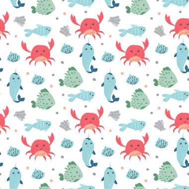 Şirin yengeçler, balıklar ve deniz kabukları ile renkli deniz yaşamı deseni.