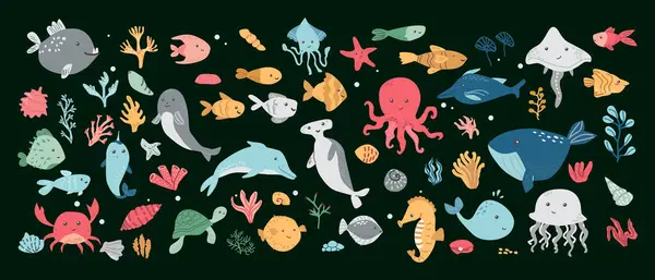Deniz yaşamının elementlerinin toplanması - balinalar, yunuslar ve deniz canlıları. Çocuklar deniz hayvanları, büyük bohça..