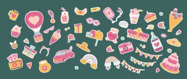 Renkli romantik kutlama ikonları: hediyeler, ikramlar ve eğlence, kalpler. Karanlık arka planda Sevgililer Günü çıkartmaları koleksiyonu. Aşıklar için el çizimi ögeler.