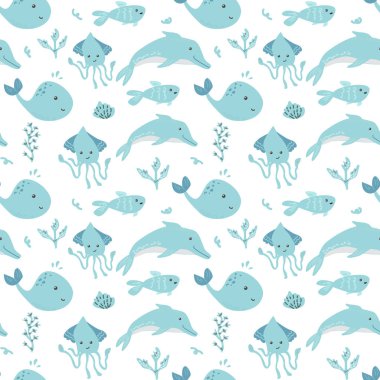 Cute aquatic animal pattern with dolphins, whales, fish, and squids in teal and white. clipart