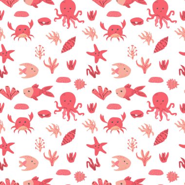 Ahtapot, balık, yengeç, denizyıldızı ve mercan elementleriyle renkli deniz yaşamı deseni.