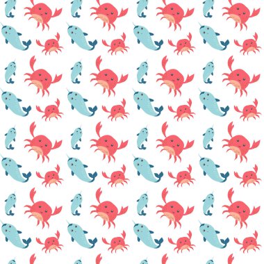 Beyaz arka planda renkli karikatür yengeç ve balıklar pürüzsüz desen.