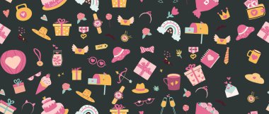 Koyu arkaplanda hediyeler, kalpler ve neşeli unsurlarla renkli kutlama desenleri..