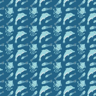 Mavi arka planda ahtapot, balina ve mürekkep balığı desenli kusursuz okyanus hayvan deseni..
