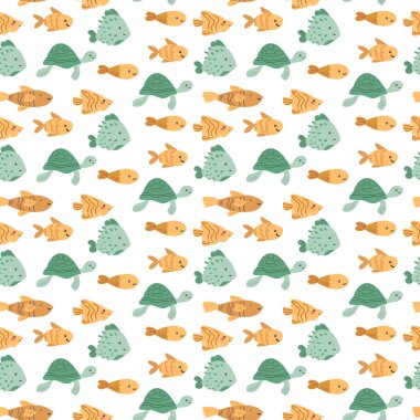 Beyaz arkaplanda renkli balık ve kaplumbağa deseni.