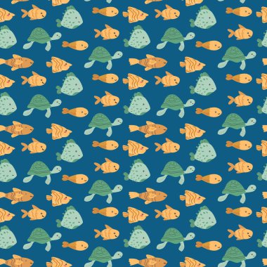 Mavi arka planda kaplumbağalar, balıklar ve kirpi balıkları olan renkli deniz desenleri..
