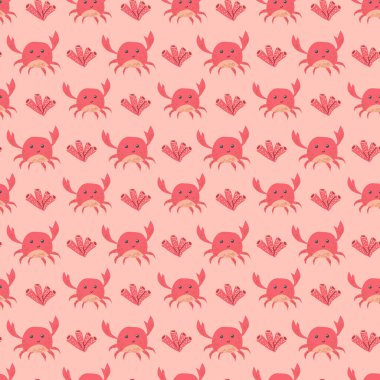 Sevimli pembe yengeç ve deniz kabuğu deseni açık arkaplanda.