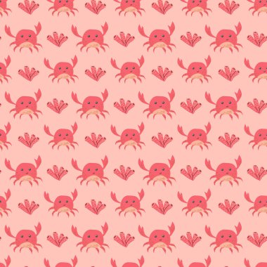 Cute pink crab and seashell pattern on light background. clipart