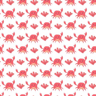 Beyaz arka planda neşeli pembe yengeç ve kalp deseni.