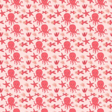 Ahtapot ve pastel tonlarda denizyıldızı desenli eğlenceli deniz deseni.