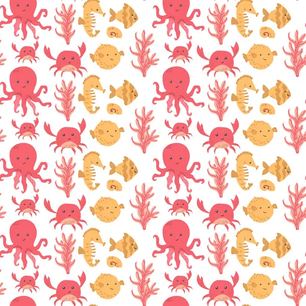 Ahtapot, yengeç ve deniz yosunu motifli renkli deniz yaşamı..