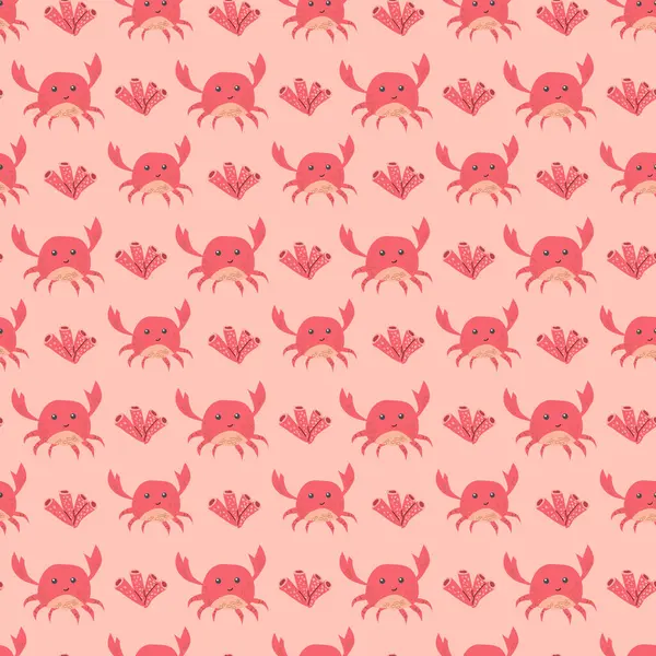 Sevimli pembe yengeç ve deniz kabuğu deseni açık arkaplanda.