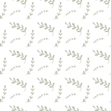 Beyaz arkaplanda gri yapraklı dalların pürüzsüz deseni.