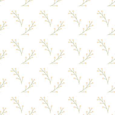 Basit sarı dalları ve beyaz arka planda yaprakları olan minimalist çiçek deseni..