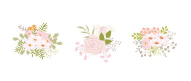 Zarif çiçek buketleri pembe güller ve yeşillikler.