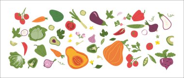 Renkli taze sebze çeşitleri ve beyaz arka planda meyveler.