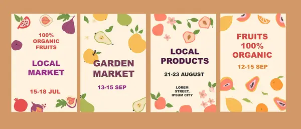 Etkinlik tarihleri ve mekanları olan renkli organik meyve pazarı posterleri.