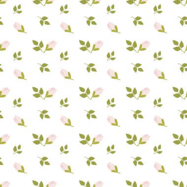 Pembe güller ve beyaz arka planda yeşil yapraklarla kusursuz çiçek deseni..