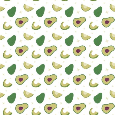 Beyaz arka planda yarımlar ve dilimler olan kusursuz avokado deseni.