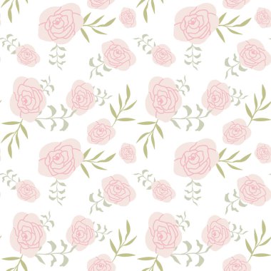 Beyaz arka planda yumuşak pembe güller ve yeşil yapraklı desenler..