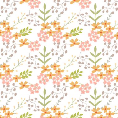 Beyaz arka planda pembe ve turuncu çiçekleri olan kusursuz pastel çiçek deseni..