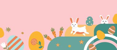 Tavşanlı, yumurtalı ve pastel renkli havuçlu neşeli paskalya sahnesi..