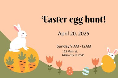 Neşeli paskalya yumurtası avı davetiyesi neşeli tavşanlar ve renkli yumurtalar.