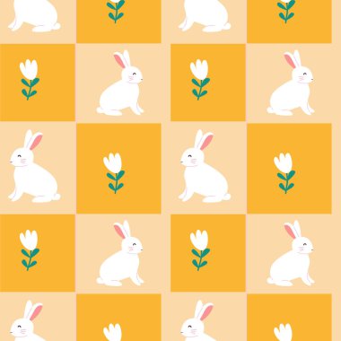 Mutlu Paskalya geometrik desenleri, şenlik tasarımı için tavşan ve lalelerle.