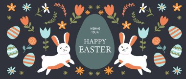 Mutlu Paskalya kartları, renkli bahar tasarımlı tavşanlar, yumurtalar ve çiçekler..