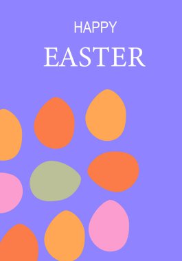 Mor arka planda renkli paskalya yumurtaları ve mutlu paskalya metinleri. Paskalya kartı modern tasarım