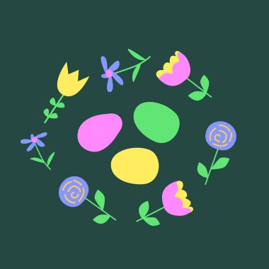 Bayram tasarımı ve dekorasyonu için renkli paskalya yumurtası ve çiçek deseni.